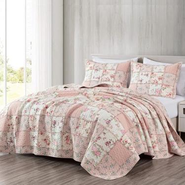 Imagem de Chezmoi Collection Abbi Conjunto de 3 peças de roupa de cama king king extragrande de algodão pré-lavado, colcha floral, colcha de retalhos, babados, tamanho king