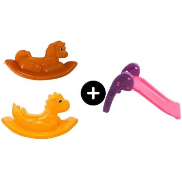 Imagem de Escorregador Baby Infantil Rosa c/ Roxo + Dino Amarelo + Unicornio Laranja para a diversão de meninos e garotos de todas as idades Toy kids brinquedo