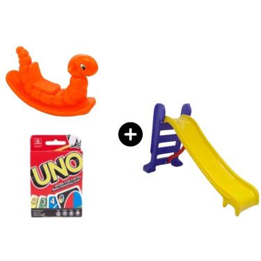 Imagem de Escorregador medio amarelo c/ azul seguro + Nhoca laranja + uno - para a diversão de meninos e meninas de todas as idade infantil toy kids