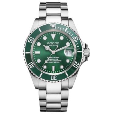 Imagem de ROCOSJEWE Relógio mecânico automático masculino mostrador preto bisel de cerâmica à prova d'água relógio de pulso luminoso calendário mostrador aço inoxidável pulseira ajustável presentes R0158green