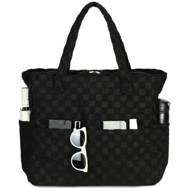 Imagem de LEDAOU Bolsa feminina grande para praia, impermeável, à prova de areia, com zíper, para piscina, academia, mercearia, viagem, com bolso molhado, Xadrez preto, Large