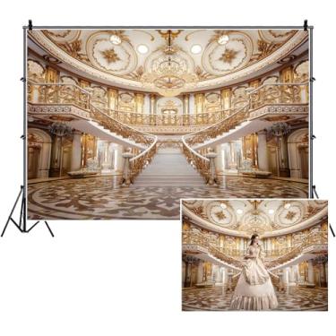 Imagem de TTQYFNM 3,7 x 2,4 m Luxuoso Palácio Cenário Golden Hall Escadaria Lustre Teto Mural Fotografia Fundo para Aniversário, Cerimônia de Casamento, Decorações de Festa de Crianças Adultos Retrato Foto