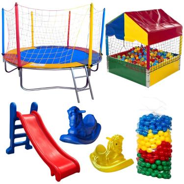 Imagem de Kit Cama Elástica Pula Pula 2,30m + Piscina Quadrada 1,00m + 500 Bolinhas Coloridas + Escorregador Médio + 2 Gangorras 1 Lugar
