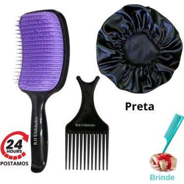Imagem de Escova Cabelo Raquete Quadrada + Pente Garfo Dentes Largos + Touca Cet