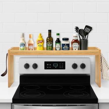 Imagem de koretech Prateleira superior para fogão, prateleira superior de fogão a lenha, prateleiras organizadoras de fogão de 80 cm com 6 ganchos, prateleira de temperos de 29 cm de altura para cozinha