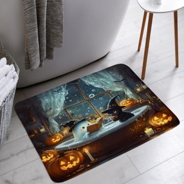 Imagem de AYDSMYD Tapete de banho assustador Halloween fantasma engraçado gato preto banheira morcego abóbora ambiente de férias doces ou travessuras banheiro banheira tapetes de chão tapete decoração de vaso