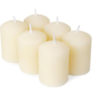 Imagem de Velas votivas de cera de abelha branca, velas votivas de pilar de cera de abelha natural, 6 pacotes de 3,5 x 4,7 cm, não tóxicas e sem fumaça, tempo de queima de 9 horas para casamentos, Natal,