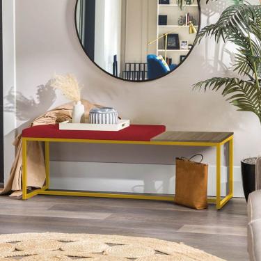 Imagem de Banco Recamier Puff 195cm Industrial Dourado Sintético Vermelho Tampo Quadrado Mdf Caramelo