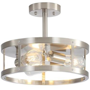 Imagem de Youroke Luminária De Teto Semi-Embutida Níquel Escovado, 3 Luminárias Internas Próximas, Gaiola Metal 13" Para Cozinha, Quarto, Hall Entrada, Escritório, Fácil Montar
