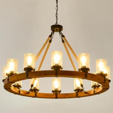 Imagem de Zsebisu Lustre Rústico Com 12 Luzes Em Formato De Roda Carroça, Pendente Redondo Madeira Cúpula Vidro, Lustres Fazenda Para Sala Jantar, Ilha Cozinha, Hall Entrada