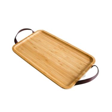 Imagem de Bandeja Retangular Em Bambu Com Alça Em Couro Ecokitchen 35x20,5cm Mimo Style