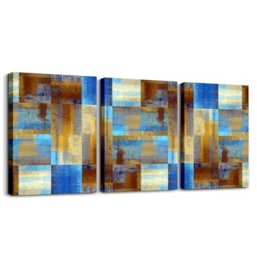 Imagem de Erosebridal Decoração de parede geométrica abstrata em tela para quarto arte de parede quadriculada marrom azul para sala de estar, imagens de pintura a óleo, impressões de moda moderna, arte