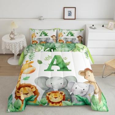 Imagem de jejeloiu Conjunto de cama para crianças, presente personalizado, tamanho solteiro, estampa de leão elefante animal selvagem, colcha de edredom com letra A com monograma, decoração de quarto de animais