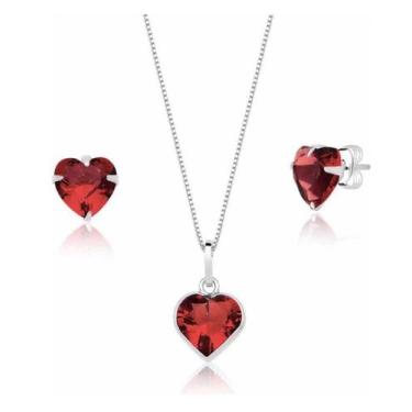 Imagem de Colar Brinco Infantil Coração Zirconia Prata 925 Vermelho - Lojas La+N