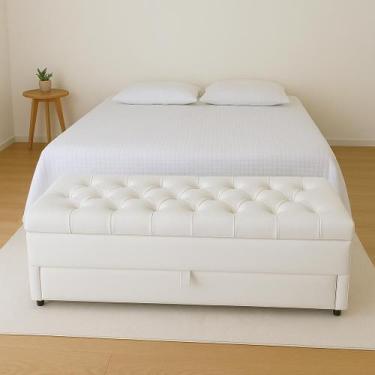 Imagem de Puf Baú Gaveta Para Cama de Casal 140x50x45cm Na Cor Branca - Tecido E