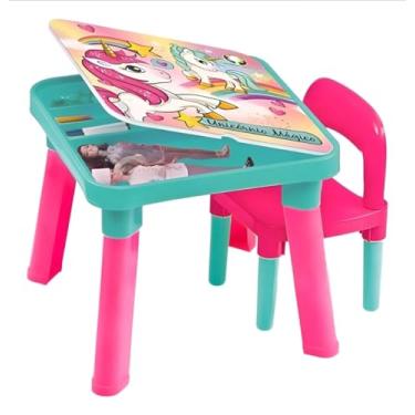 Imagem de Mesa Mesinha Infantil Tampa Removível com Cadeirinha Unicórnio Monte Líbano – Mesa Rosa Diversão para Brincar, Desenhar, Estudar, Pintar Apartir 3 Anos.