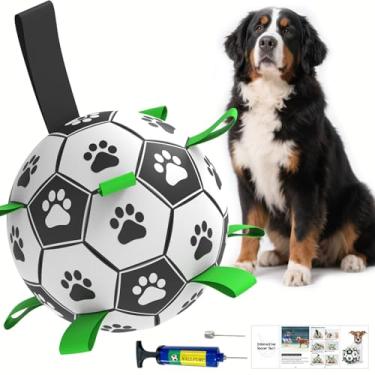 Imagem de Amasiver Brinquedos de bola de futebol para cães com alças - bola grande de pastoreio de 23 cm, brinquedos interativos para cabo de guerra, presentes de aniversário, brinquedo aquático, bolas