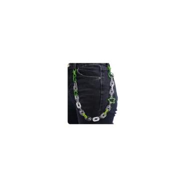 Imagem de Aimimier Calça punk moderna estrela círculo acrílico corrente corrente cintura calça jeans cinto chaveiro hiphop joia corporal para mulheres e homens, Verde, 18.5in
