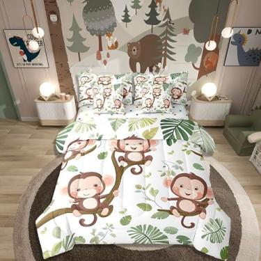 Imagem de Castle Fairy Jogo de cama de macaco fofo em uma bolsa, folhas de palmeira tropical, tamanho solteiro, 7 peças para crianças, adolescentes, conjunto de cama com edredom kawaii, conjunto de lençóis