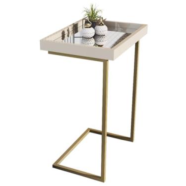 Imagem de Mesa Lateral Espelhada com Pés de Ferro Apoio Sala Sofá Moderna Decoração Resistente e Elegante (Pérola/Dourado)