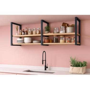 Imagem de Prateleira Suspensa de Parede Dupla, Estilo Industrial, Madeira e Metal Preto, para Cozinha e Escritório