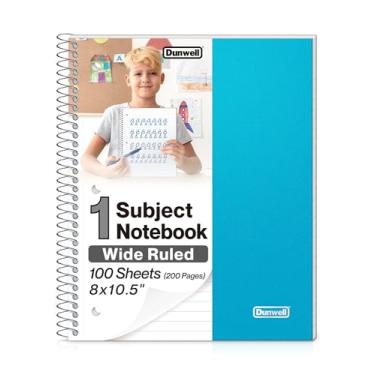 Imagem de Dunwell Caderno espiral de 1 assunto (azul), capa de plástico, 100 folhas (200 páginas) papel de 20 x 26 cm, pautado para facilitar a escrita, páginas perfuradas com 3 furos, divisórias de bolso de