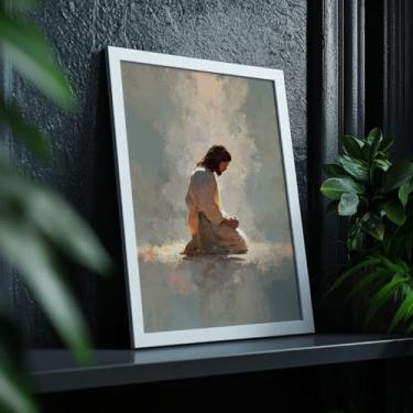 Imagem de Quadro Decorativo Jesus Ajoelhado Com Moldura Arte Religiosa Fé Cristã Oração Devocional Decoração Lar Igreja Presente