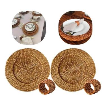 Imagem de Kit 2 Sousplat Rattan Bambu Marrom Claro + 2 Anéis De Guardanapos - MU