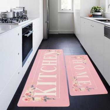Imagem de PCSWEET HOME Conjunto de tapetes florais de cozinha, 2 peças, antiderrapante, impermeável, tapetes de cozinha e corredores, acolchoados, antifadiga, tapete confortável para casa, tapete de cozinha de