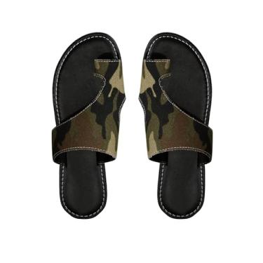Imagem de GORGLITTER Sandália feminina camuflada, rasteira, camuflagem, bico aberto, tira de férias, chinelos, Verde militar, 40