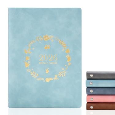 Imagem de KaiRuiYing Caderno de agenda recarregável A5 tamanho 6 anéis de couro PU diário com bolsos, divisórias, refil de papel (guirlanda - azul claro)