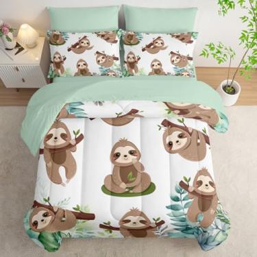 Imagem de AILONEN Jogo de cama solteiro com estampa de preguiça deitada no galho, bicho-preguiça fofa com estampa kawaii, 7 peças, lençol com elástico e lençol de cima, 2 fronhas, 2 fronhas