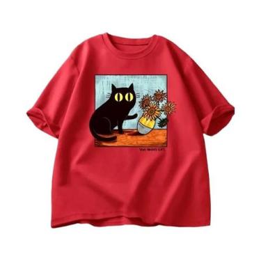 Imagem de Camiseta Gráfica De Gato Preto Flor Masculina Feminina Van Gogh Gola R