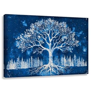 Imagem de Arte de parede Árvore da Vida, impressão em tela de árvore cósmica com raízes de árvores para decoração de sala de estar, imagens em azul profundo 60x40cmx1