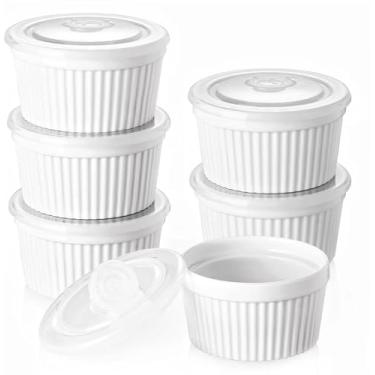 Imagem de DOWAN Ramekins 8 oz Oven Safe with Lids, Creme brulee Souffle Ramekins with Covers, Porcelain White Ramekins for Baking, Stackable, Set of 6
