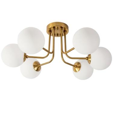 Imagem de erpymi Luminária de teto moderna de montagem semiembutida 6 luzes, globo de vidro branco, luz de teto com montagem semiembutida, lustres Sputnik para quarto, sala de estar, corredor, sala de jantar