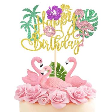 Imagem de 1Pcs Tropical Luau Happy Birthday Cake Topper Flamingo Coconut Tree Glitter Hawaiian Luau Birthday Party Cake Decorations Supplies