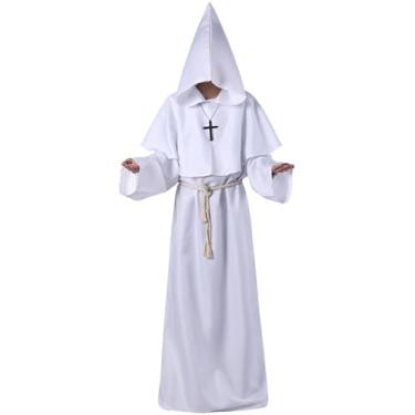 Imagem de ODIZLI Fantasia de frade masculina roupão de monge medieval renascentista sacerdote colar fantasia cosplay Halloween fantasia adulto capa longa, Branco, P