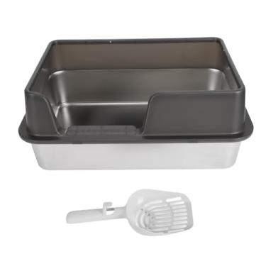 Imagem de Caixa de areia de aço inoxidável Lados altos anti -respingo fácil de limpar a caixa de areia de gato fechada para pequenos gatos médios Premium Durável (S preto)