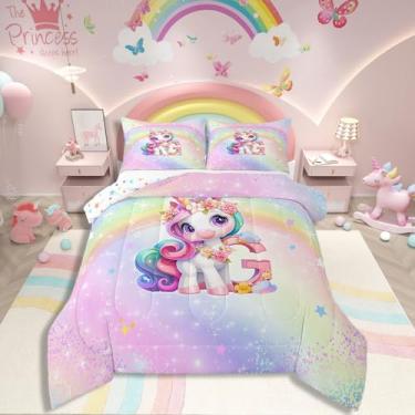 Imagem de Conjunto de cama casal de unicórnio para meninas, arco-íris, rosa, unicórnio, galáxia, estrelas, gradiente, para decoração de quarto de princesa, kawaii, alfabeto fofo, letra G, conjunto de cama