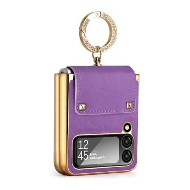 Imagem de Capa de couro liso para Samsung Galaxy Z Flip 6 5 4 3 5G Suporte de anel revestido com lente de vidro capa de filme para Z Flip5 Flip6, roxo, para Galaxy Z Flip 4