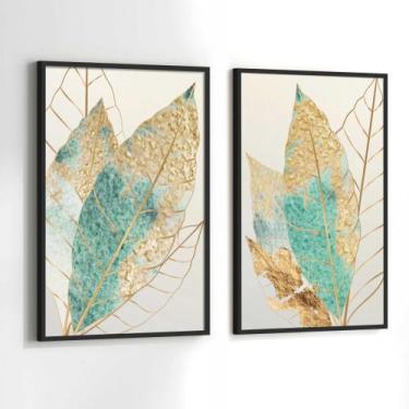 Imagem de Conjunto Quadros Decorativos com Moldura Folhas Verde e Dourada Kit 2 