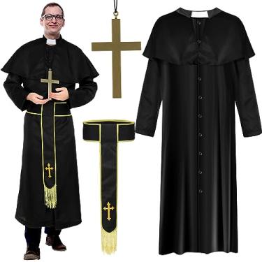 Imagem de Mepase 4 peças de fantasia de padre para homens adultos fantasia de padre medieval com cinto cruzado para festa de cosplay de Halloween (2GG)