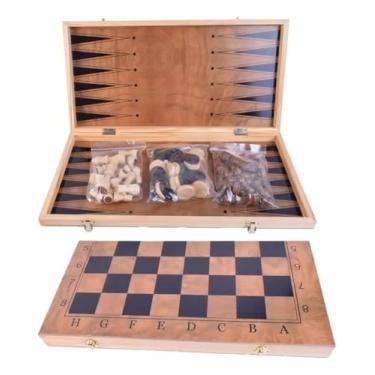 Imagem de Xadrez, Damas e Gamão 3 em 1 – Tabuleiro de Madeira Dobrável 30 x 30 com Estojo Elegante e Peças de Qualidade (Preto)