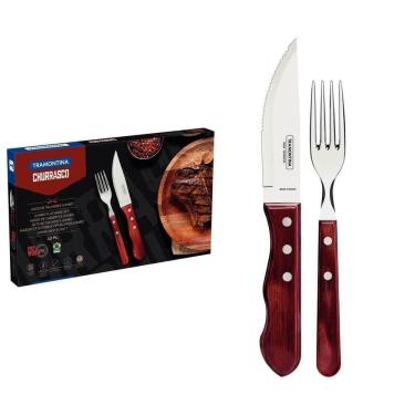Imagem de Jogo De Churrasco Em Aço Inox Jumbo Tramontina Polywood Vermelho 12 Peças