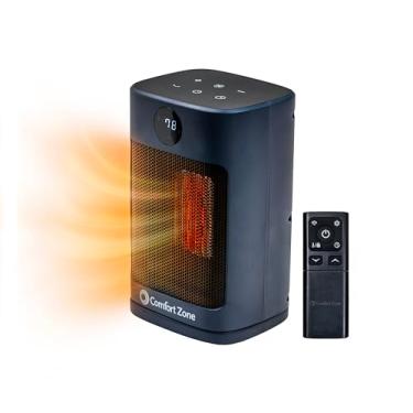 Imagem de Comfort Zone Aquecedor oscilante de mesa com controle remoto para uso interno, termostato ajustável, proteção contra superaquecimento, interruptor de tomada, alça de transporte, para casa, quarto ou