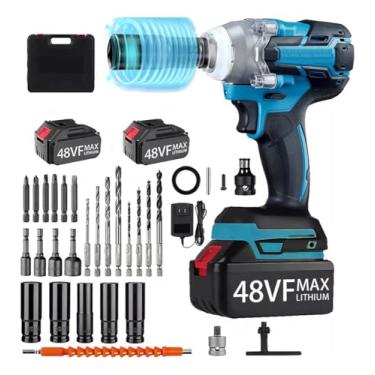 Imagem de Parafusadeira de Impacto sem Fio 48V, Kit com 2 Baterias de Lítio e 30 Acessórios, Azul