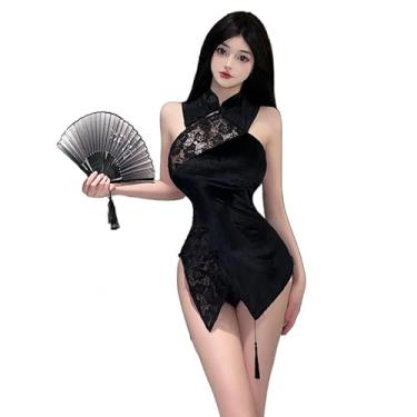 Imagem de SINMIUANIME Vestido sexy cosplay Cheongsam chinês Qipao estilo tradicional anime lingerie bodycon fantasia Babydoll camisola (2694preto, tamanho único)