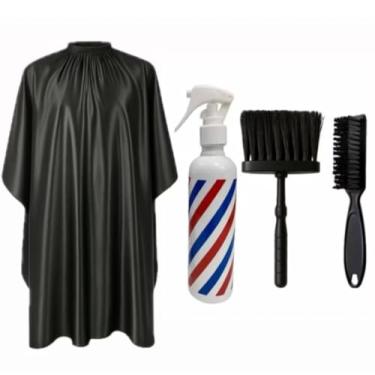 Imagem de Kit de Cabeleireiro Profissional com Capa de Corte Preta, Borrifador Listrado, espanador e escova