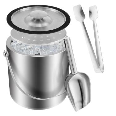 Imagem de Balde de gelo com alça, balde de gelo isolado de parede dupla, recipiente de balde de gelo de 2L, balde de cubo de gelo de aço inoxidável, portátil com colher de tampa, coador de pinça de gelo para
